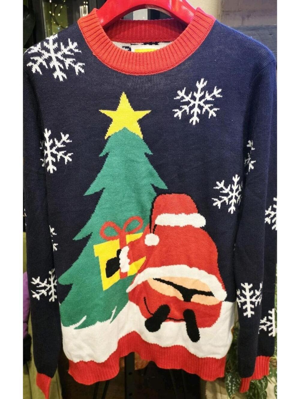 NWT Tispy Elves Sz L Santa In A Thong Ugly Christmas Sweater Snowflakes Tree - Picture 1 of 6